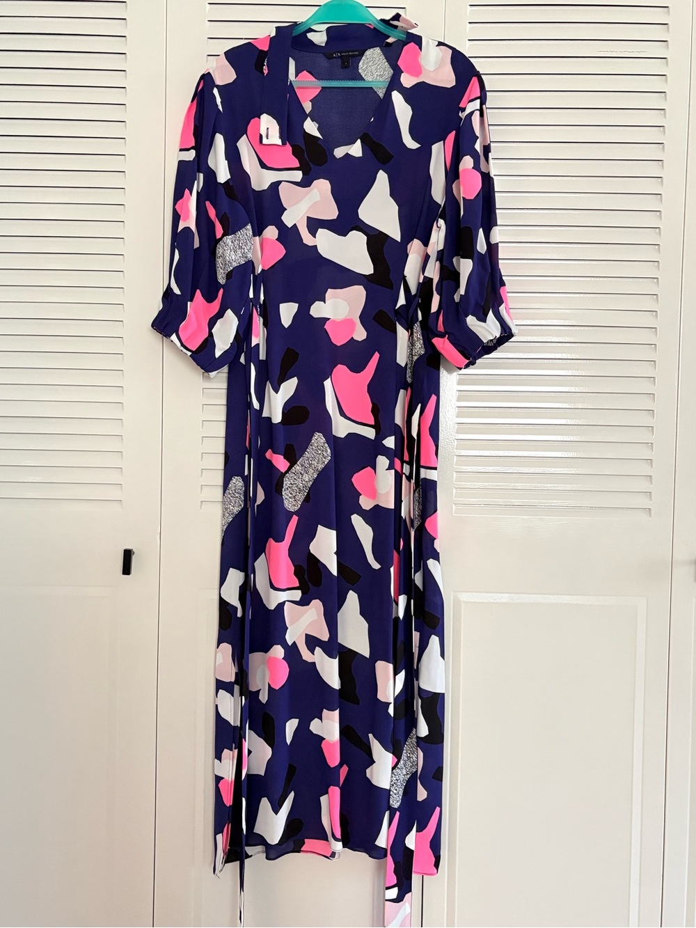 Armani Exchange Navy Midi Dress with Pink, White & Black Abstract Print Size S